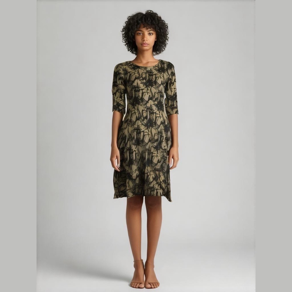 Truth + Style Olive Green Abstract Print Dress Bubble Shaped Skirt Size XS NWT